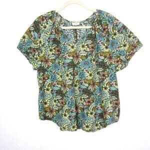 ANA Womens 0X 14W Floral Green Relaxed Short Sleeve Split Neck Pullover Blouse